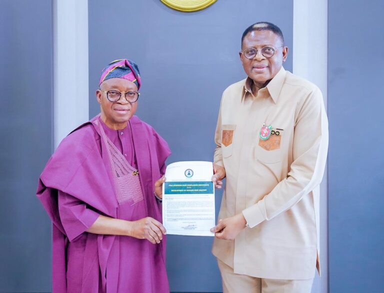 Oyetola Presents Bakassi Deep Seaport Certificate of Compliance to Gov. Otu