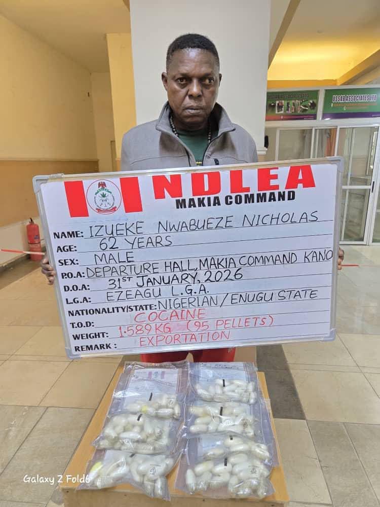 NDLEA Arrests China-bound Auto Parts Dealer At Kano airport For Ingesting 95 Wraps Of Cocaine